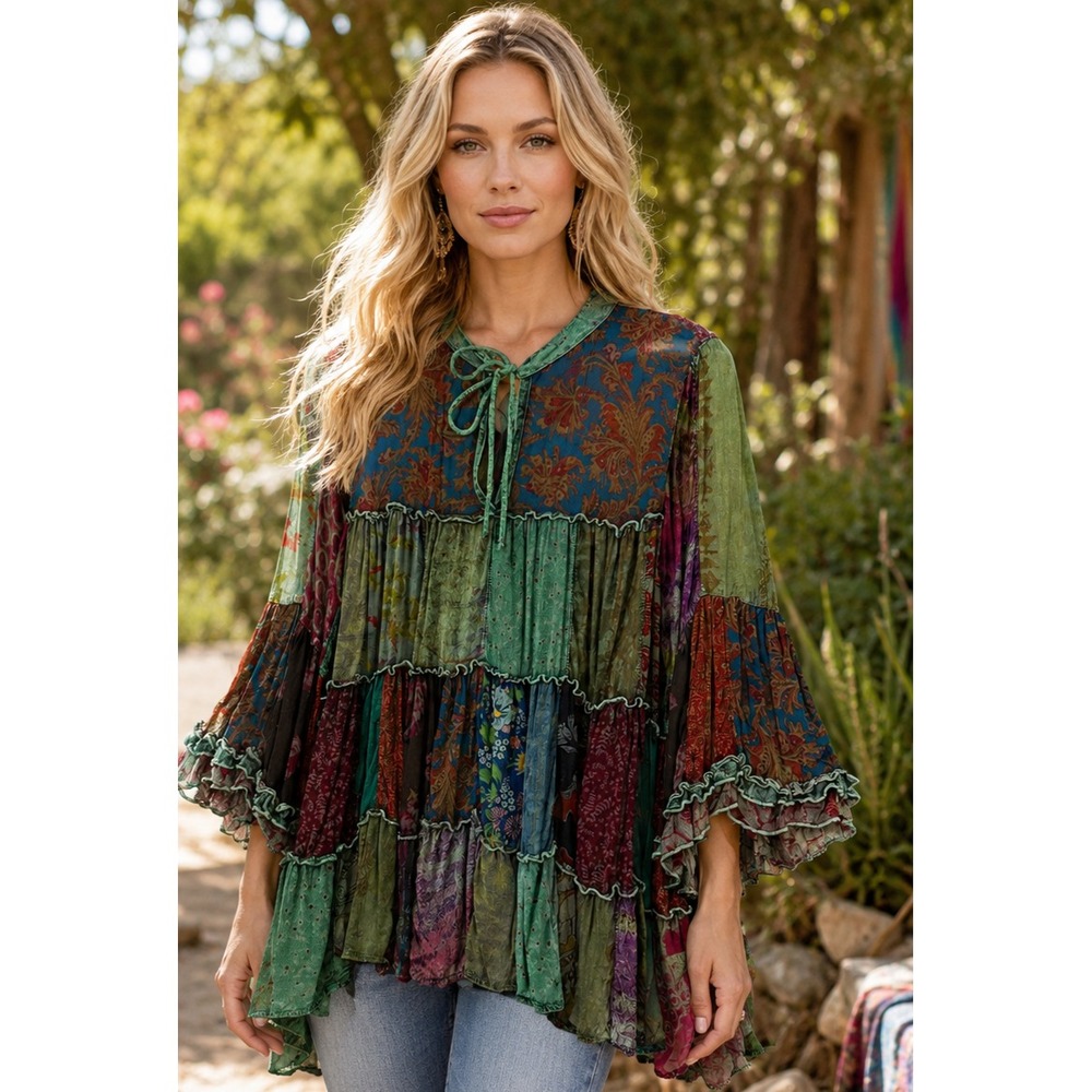 Shop Therapy Patchwork Tunic Top Bell Sleeve Ruffle Artsy Whimsical Cottagecore